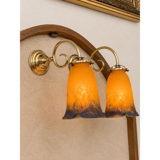 Metal Vintage Art Deco Brass Wall Sconces with Signed Glass Shades by Muller Frères, France, 1920s, Set of 2 For Sale - Image 7 of 7