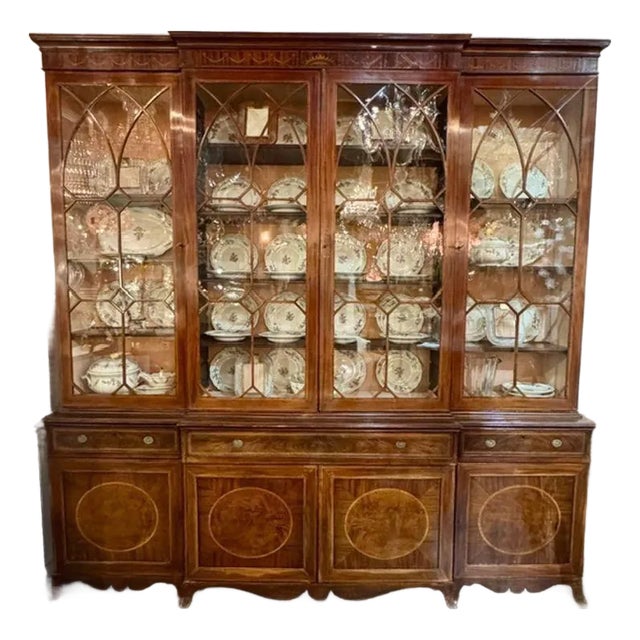 19th C. English George III Inlaid Mahogany Breakfront For Sale