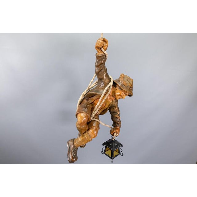 Large German Black Forest Carved Wood Mountaineer with Lantern, 1950s For Sale - Image 12 of 18