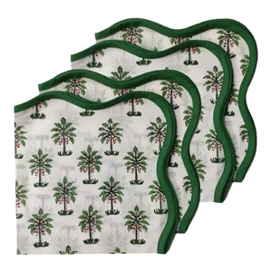 Handmade Scalloped Palm Tree Napkins with Green Piping - Set of 4