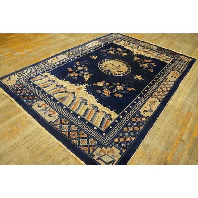 1920s Chinese Peking Carpet ( 6' 1'' x 9' - 185 x 275 cm ) Hand Knotted Pile Wool Antique Blue Ivory Beige Cream White...