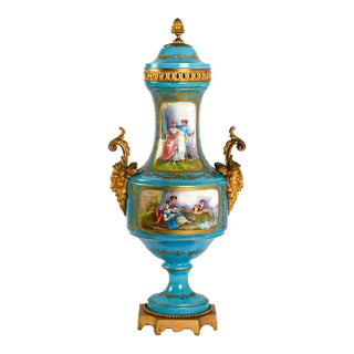 Monumental French Sèvres Style Turquoise Porcelain Urn With Ormolu Mounts For Sale