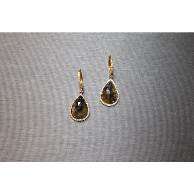 Golden Brown Black Sapphire Pear Drop Shape Sapphire Diamond Halo Gold Earrings, A Pair For Sale - Image 9 of 11
