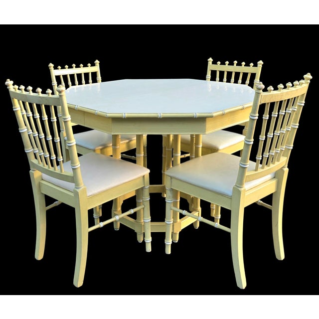 Yellow Thomasville Hollywood Regency Faux Bamboo Octagonal Dining Table and Four Side Chairs in Ivory Lacquer, Circa 1980 For Sale - Image 8 of 12