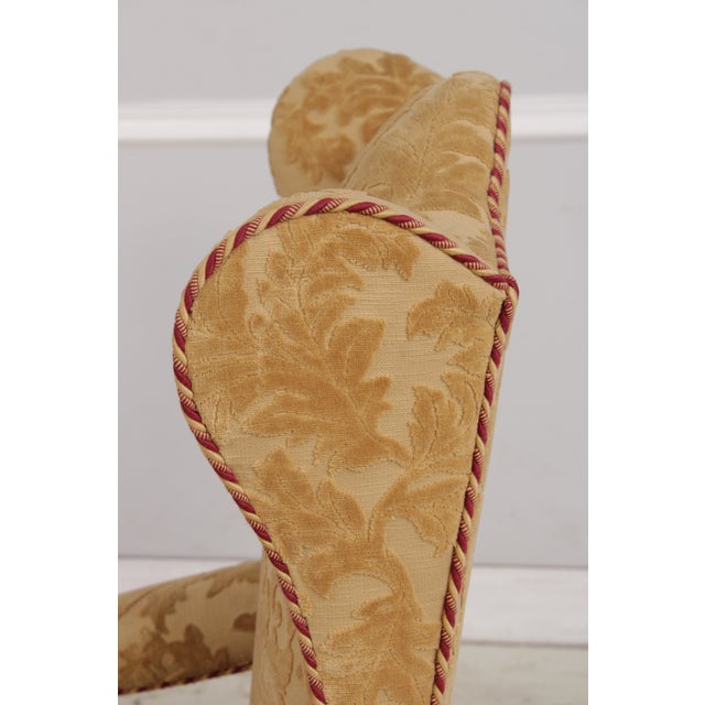 Pair French Oak Carved Wing Back Damask Chairs For Sale - Image 16 of 18