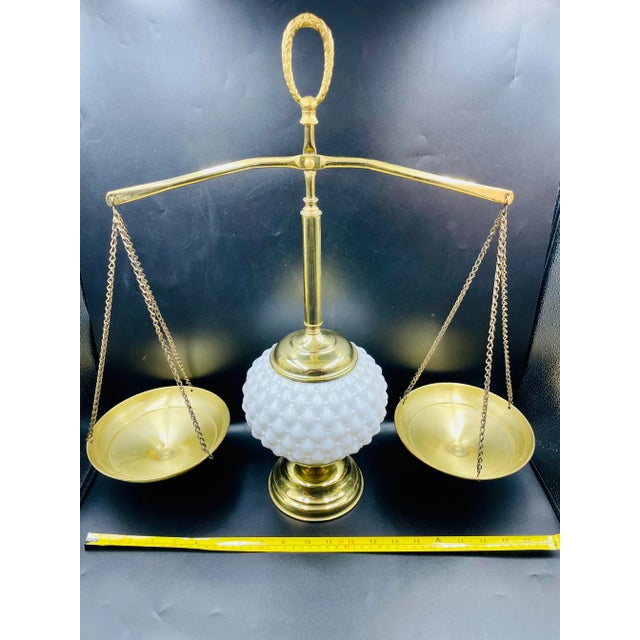 Vintage Brass & Milk Glass "Balance of Justice" Weight Scales For Sale - Image 11 of 12