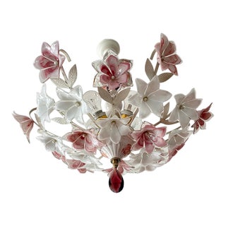 Vintage Murano Style Floral Chandelier – Romantic Pink & White Glass Bouquet Light For Sale