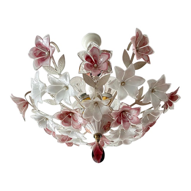 Vintage Murano Style Floral Chandelier – Romantic Pink & White Glass Bouquet Light For Sale