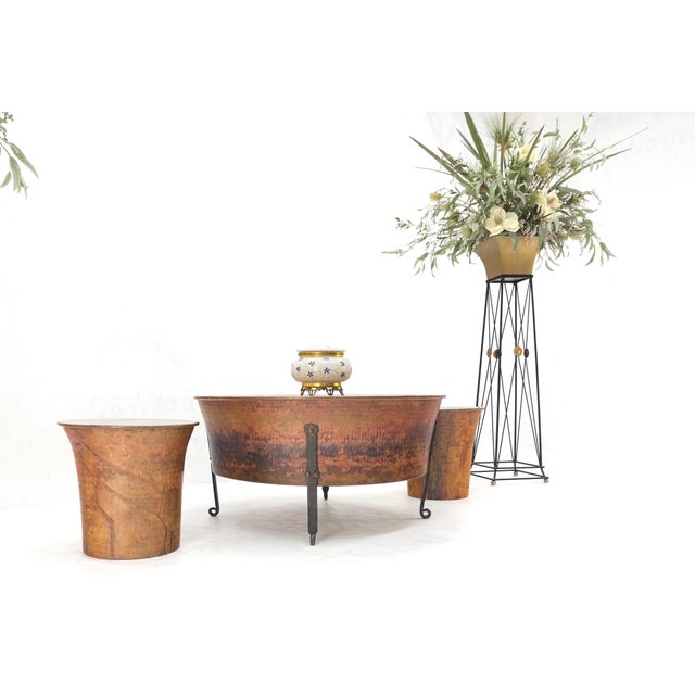 Vintage Hummered Forged Copper & Iron Round Coffee Table & Pair of Stools Seats For Sale - Image 11 of 12