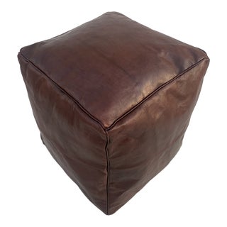 Square Brown Coffee Leather Handmade Moroccan Pouf For Sale