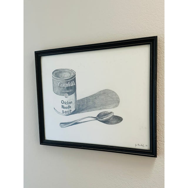 Vintage 1988 Charcoal Pencil Drawing of Campbell’s Soup Can & Spoon, Signed and Framed For Sale - Image 10 of 10