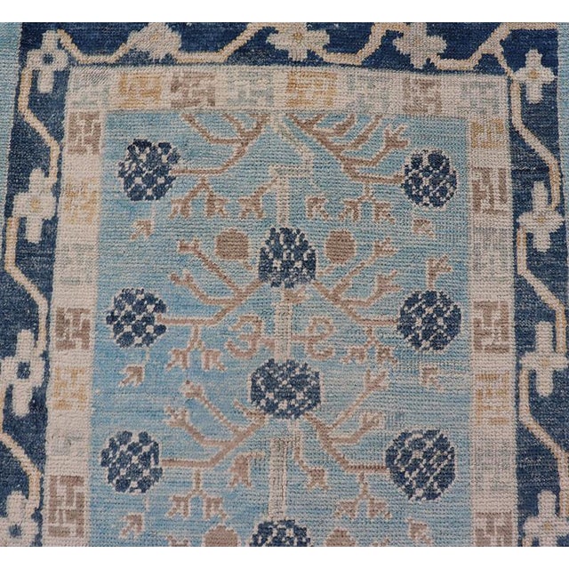 Turkish Khotan Designed Runner With Pomegranate Design in Cream, Tan and Blues For Sale In Atlanta - Image 6 of 11