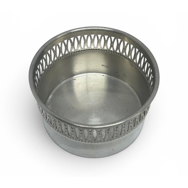 Vintage Eastern Pewter 3 3/4” Wine or Champagne Bottle Coaster Reticulated Pierced Lattice Gallery Rim For Sale - Image 11 of 11