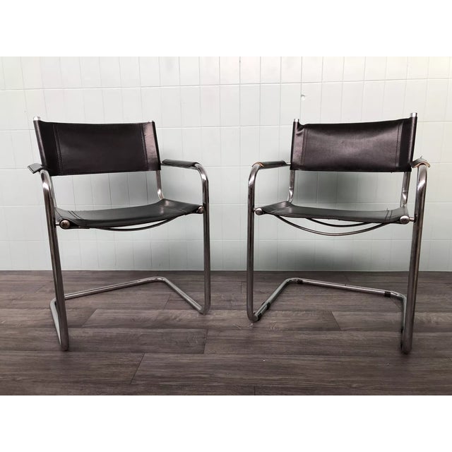 Set of Vintage Italian Chairs in Chromed Steel and Leather, 1970s For Sale - Image 4 of 14