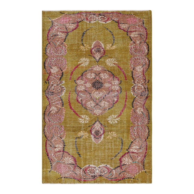 Vintage Zeki Müren Rug in Chartreuse With Floral Medallion, From Rug & Kilim For Sale