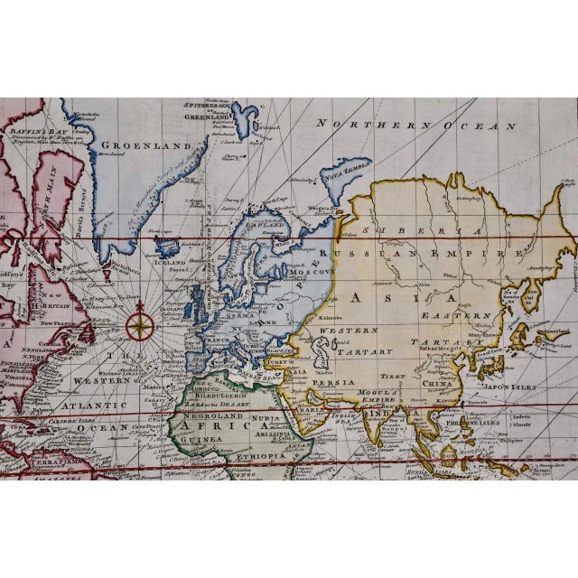 Sculpture Materials Map of the World: An Original 18th Century Hand-Colored Map by E. Bowen, 1744 For Sale - Image 7 of 8