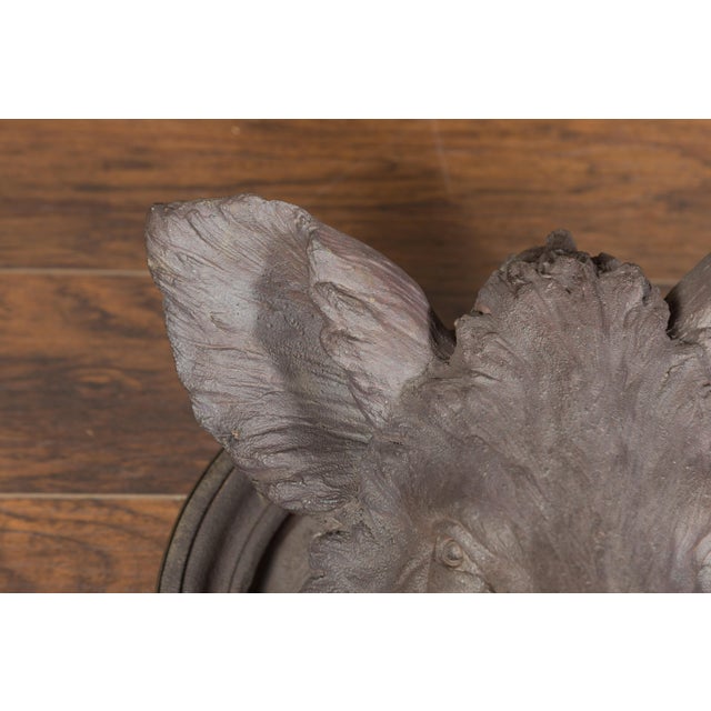 Gray English 1880s Terracotta Hog Head Mounted on New Custom Circular Iron Frame For Sale - Image 8 of 12