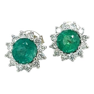 Natural Emerald Diamond Stud Earrings 14k W Gold 3.14 TCW Certified For Sale