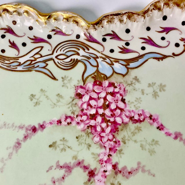 Late 1900s Antique French Victorian Hollywood Regency Limoges Pink Wisteria Dessert Plates and Platter - Set of 7 For Sale - Image 12 of 12