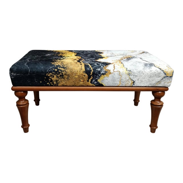 Marble Pattern Rug Print Fabric Upholstered Piano Bench For Sale