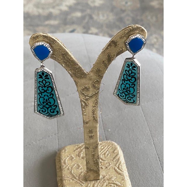Miriam Salat Blue Filagree Resin and Sterling Silver Earrings With White Topaz For Sale - Image 4 of 6