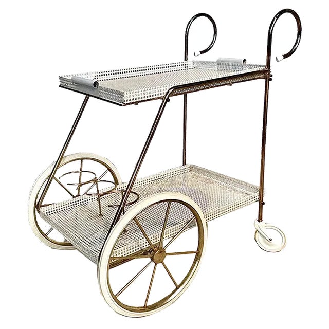Italian Tubular Brass Steel and Punched Metal Bar Cart, 1950s For Sale
