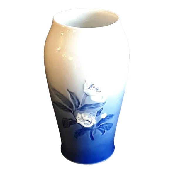 Vintage Danish Porcelain Vase with Blue Floral Decor from Bing & Grondal, 1960s For Sale