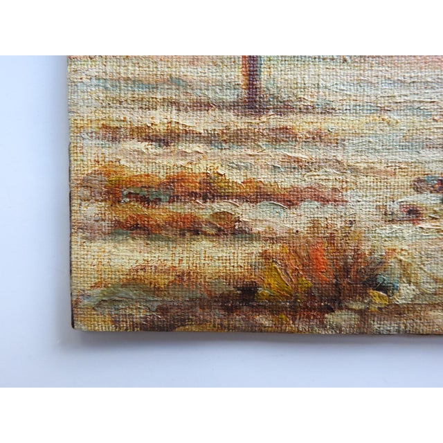 Small mid 20th century oil on canvas over cardboard painting of palm trees in the desert. Unsigned. Unframed, darkening to...