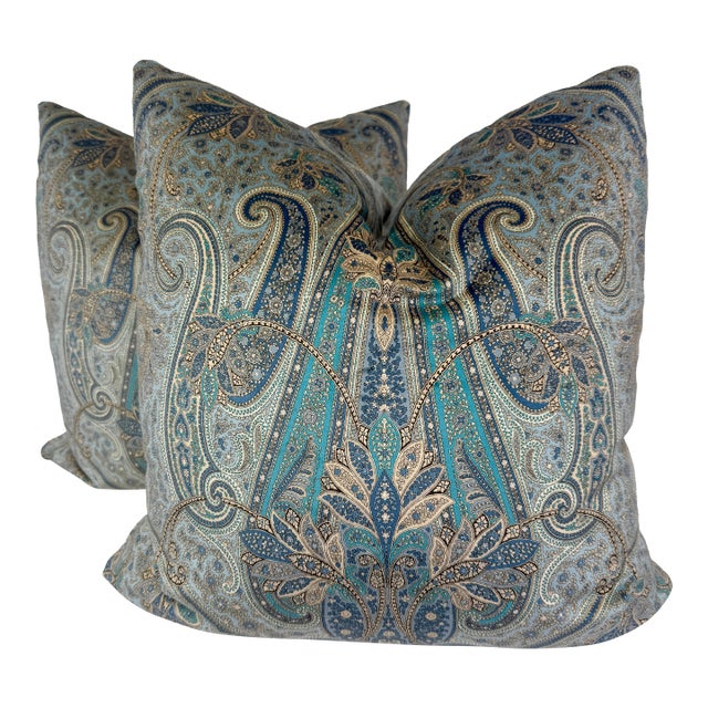 Paisley Velvet in Blue 22" Pillows-a Pair For Sale