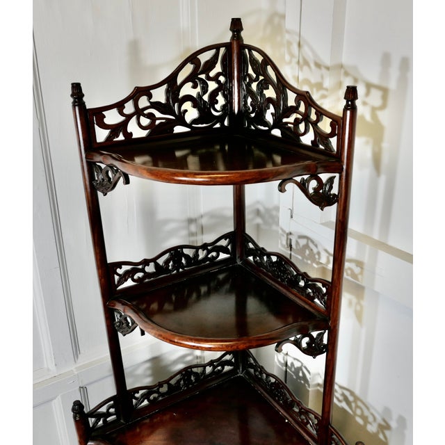 1970s Oriental Style Carved Corner Etagere with Cupboard and Drawer, 1970s For Sale - Image 5 of 9