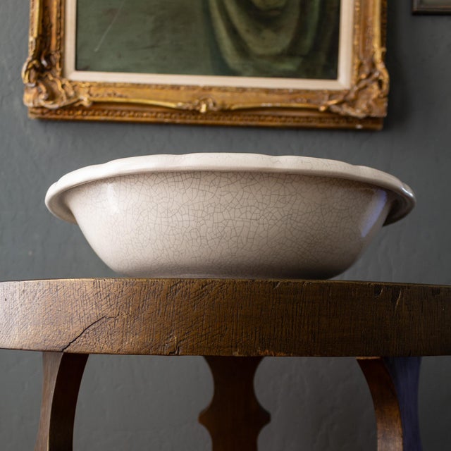 Antique White White Oversized Studio Pottery Bowl With Scalloped Rim and Crackle Glaze For Sale - Image 8 of 14