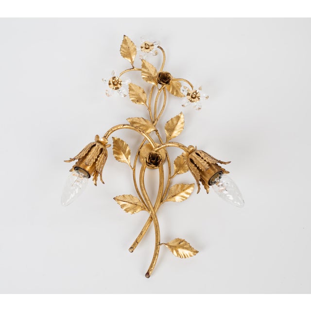 Spectacular and Exceptionally Charming 1960s Italian Florentine Style Gilt Metal 2-Light Floral Wall Sconce. Masterfully...