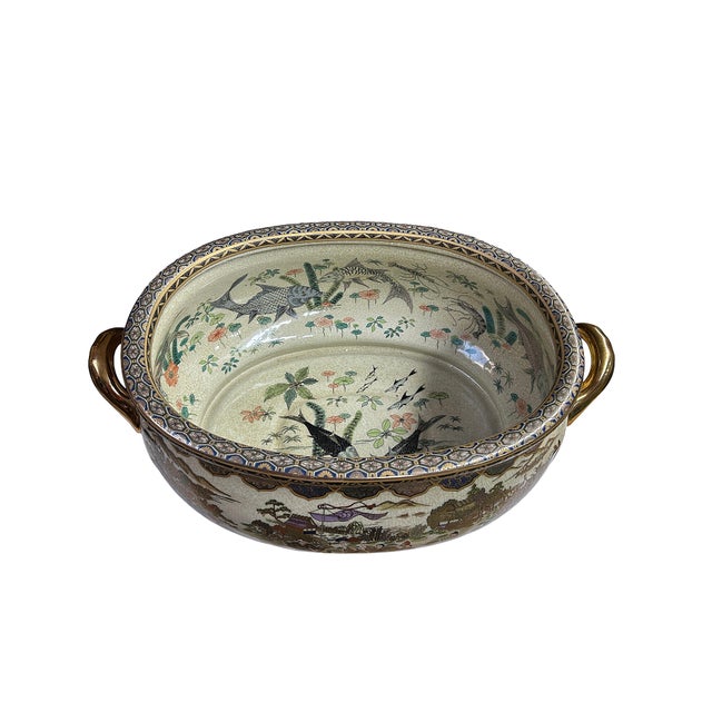 1970s Porcelain Oriental Golden Color Satsuma Graphic Oval Pot For Sale - Image 5 of 12