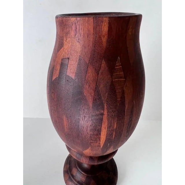 Brown Folk Art Treenware Vase or Urn of Inlay Wood For Sale - Image 8 of 11