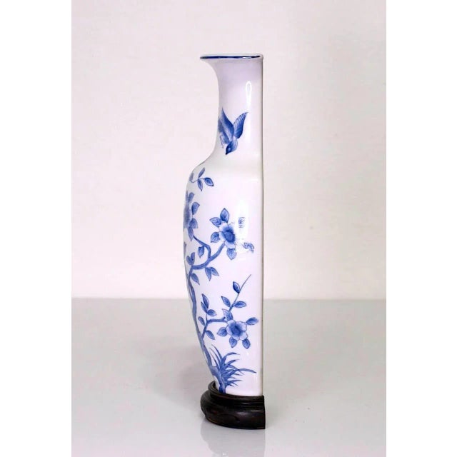 Vintage Japanese Blue & White Floral Mounted Porcelain Wall Pocket Vase With Birds & Flowers For Sale - Image 4 of 8