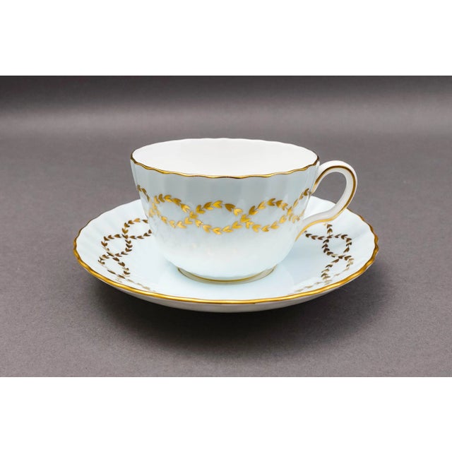 Ceramic Late 20th Century Minton England S600 Gold Laurel Leaves Light Blue Tea Cup & Saucer Set- 8 Pieces For Sale - Image 7 of 10