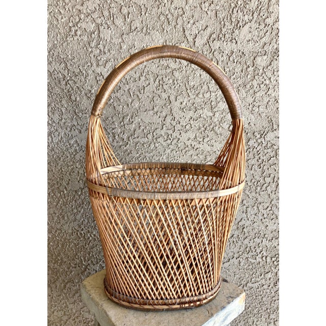 Late 20th-Century Slim Pencil Reed Rattan & Twine Oval Handled Basket For Sale - Image 12 of 13