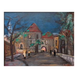 Melitta SchifferFauvist Israeli Landscape, Going to Synagogue Judaica Oil Painting