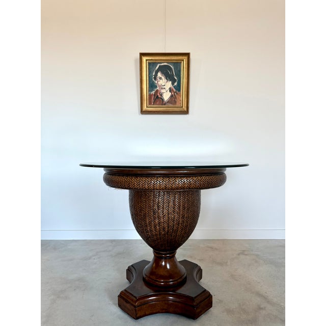 Woven Reed + Faux Leather Center Dining Table After Tommy Bahama 36" Glass Top For Sale - Image 10 of 17