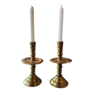 Antique Lathed Brass Mid-Drip Candlesticks - a Pair