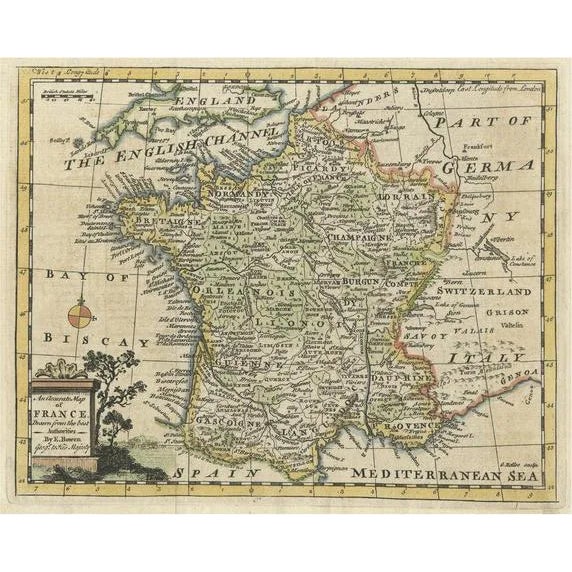 Small Antique Map of France with Decorative Title Cartouche, 1754 For Sale