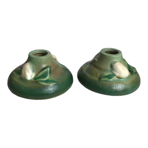 Vintage 1940’s Roseville Pottery Candle Stick Holders Gardenia Green White #651 - a Pair