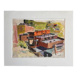Mid-Century Modernist Cityscape Oil on Paper Painting