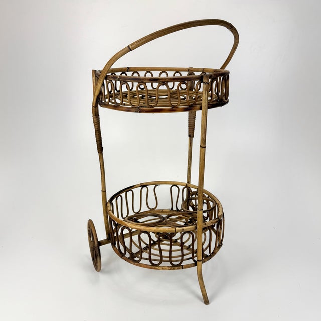Franco Albini Vintage Bamboo Rattan Serving Bar Cart, Italy, 1950s For Sale - Image 4 of 9