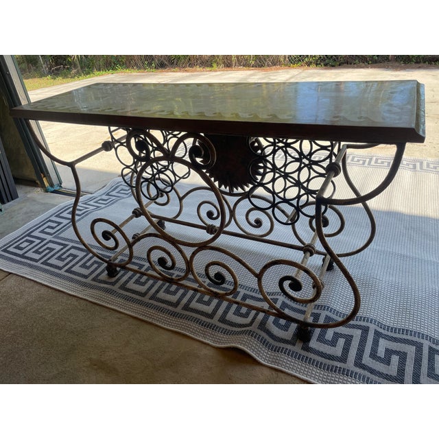 Beige 1980s Vintage Spaniard Style Wrought Iron Console Table With Wine Storage For Sale - Image 8 of 12