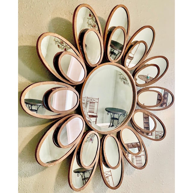 Oversized 360° Multi-Angle Reflection, 2-Tiered Sculptural Sunburst Flower Mirror - McM, Hollywood Regency Style Deep Beveled Glass Mirror For Sale - Image 10 of 10