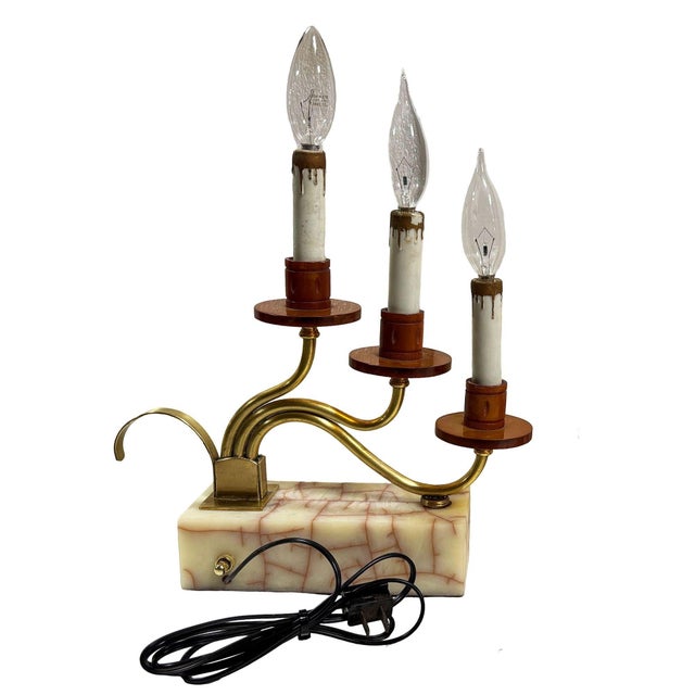 1930s 1930s Hollywood Regency Three Candle Bakelite & Brass Table Lamp - a Pair For Sale - Image 5 of 9