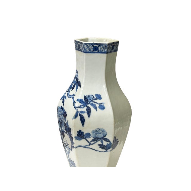 Vintage Chinese Blue White Hexagonal Flower Bird Porcelain Vase For Sale - Image 13 of 15