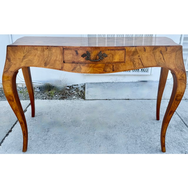 Fantastic vintage Olive burl wood writing desk from 70's. Beautiful wood grain details. Italian patchwork burl serpentine...