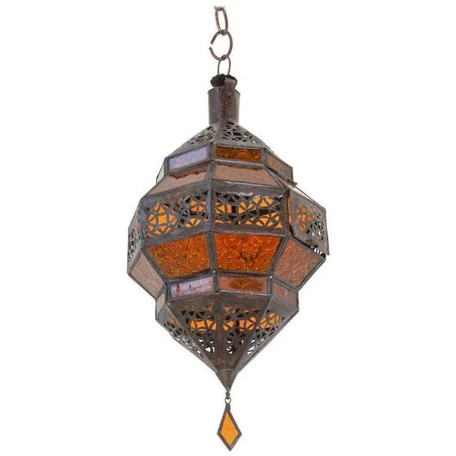 Amber Moroccan Amber Glass Lantern, Octagonal Diamond Shape For Sale - Image 8 of 8